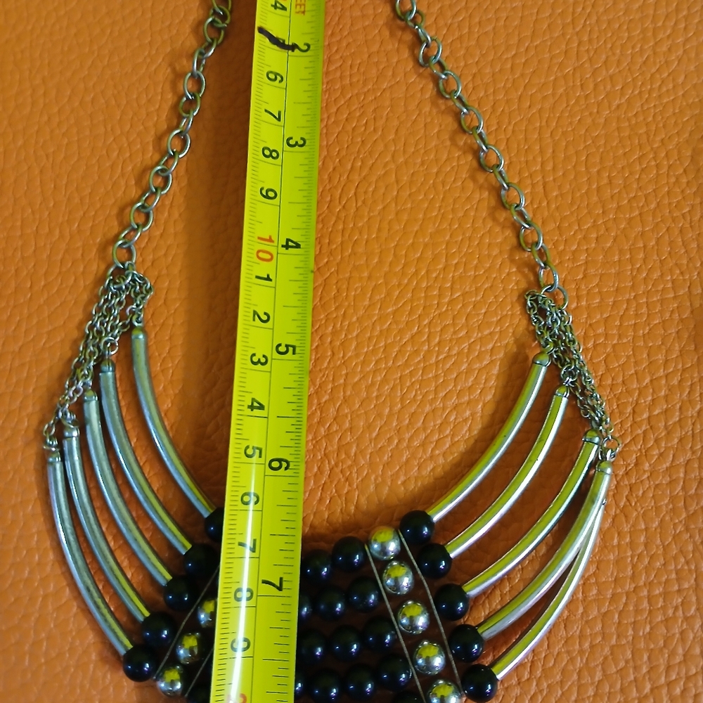 Silver Tone Multi-Layer Statement Necklace Black … - image 4